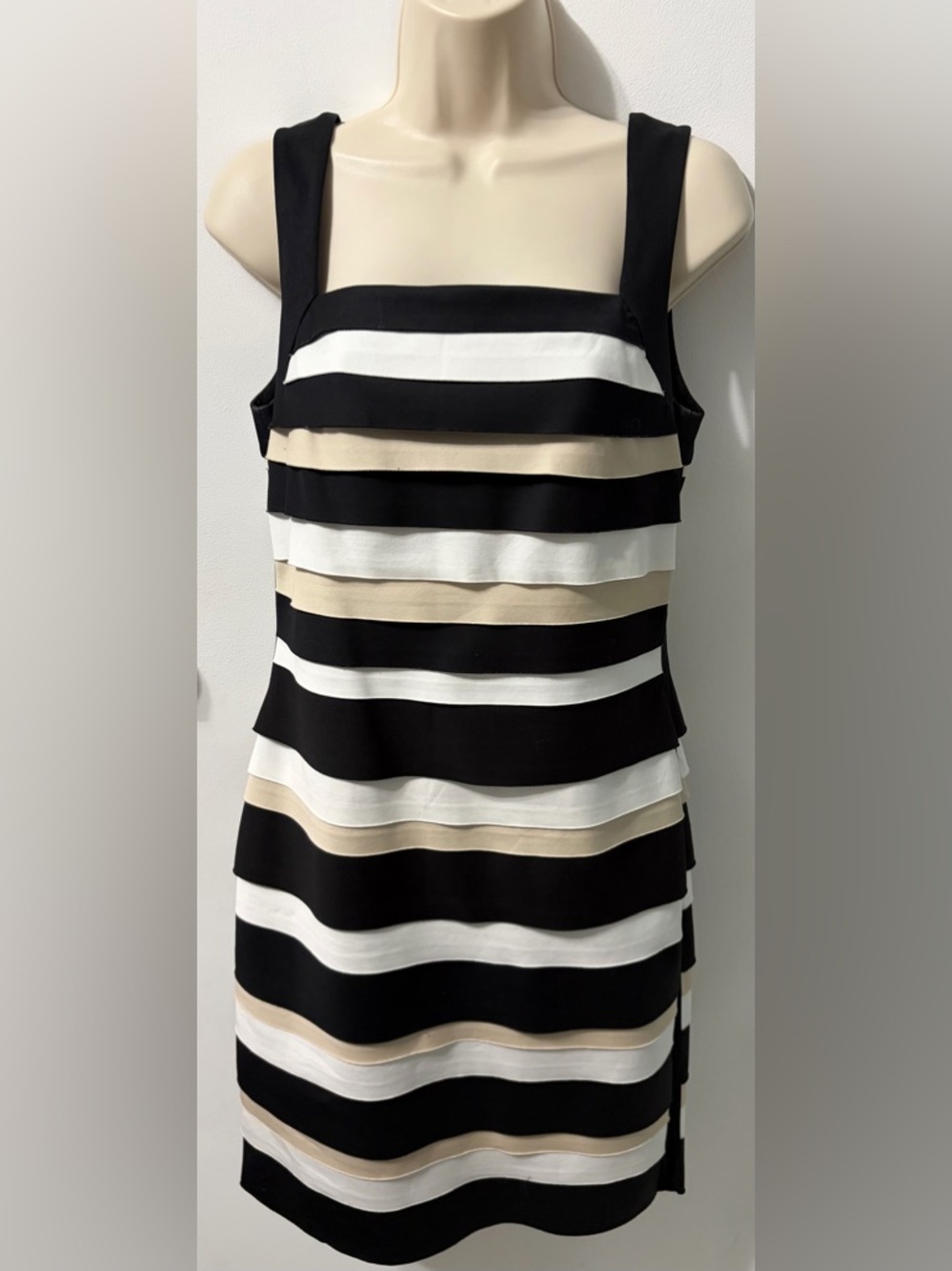 White House Black Market Black, White & Cream Striped Layered Dress